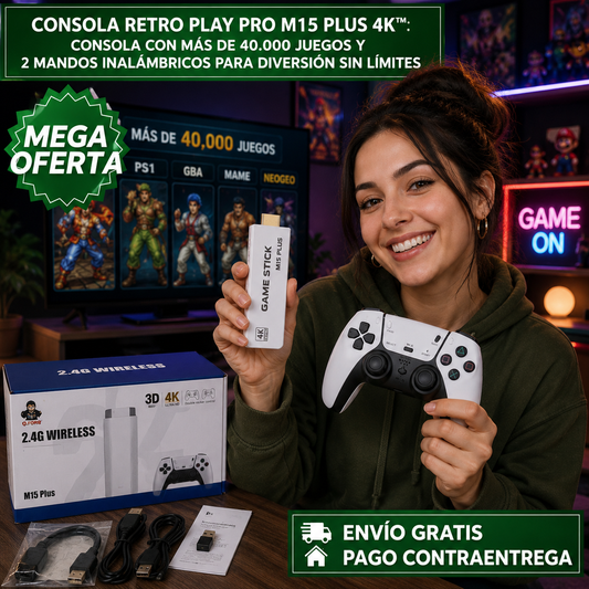 CONSOLA RETRO PLAY PRO M15 PLUS 4K™: Consola con Más de 40.000 Juegos y 2 Mandos Inalámbricos para Diversión Sin Límites