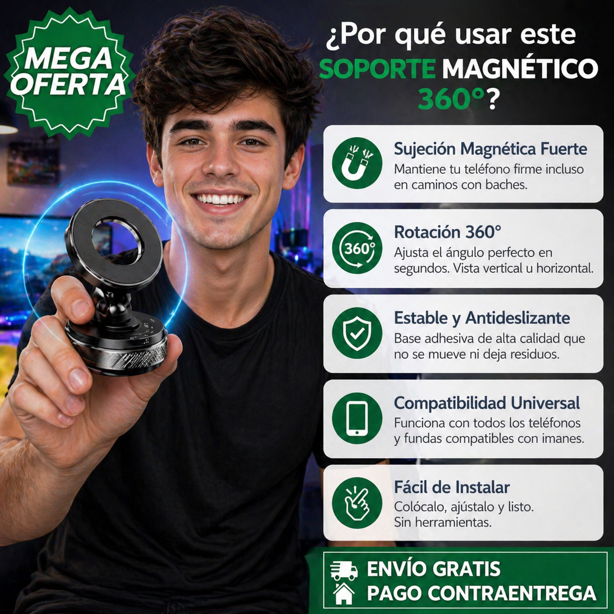 SOPORTE MAGNÉTICO 360°: Soporte Versátil con Giro Completo para Hogar, Oficina o Viaje