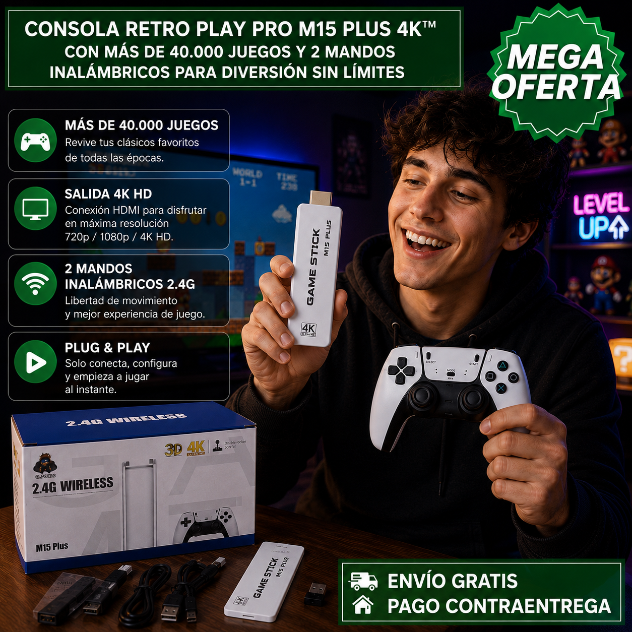 CONSOLA RETRO PLAY PRO M15 PLUS 4K™: Consola con Más de 40.000 Juegos y 2 Mandos Inalámbricos para Diversión Sin Límites