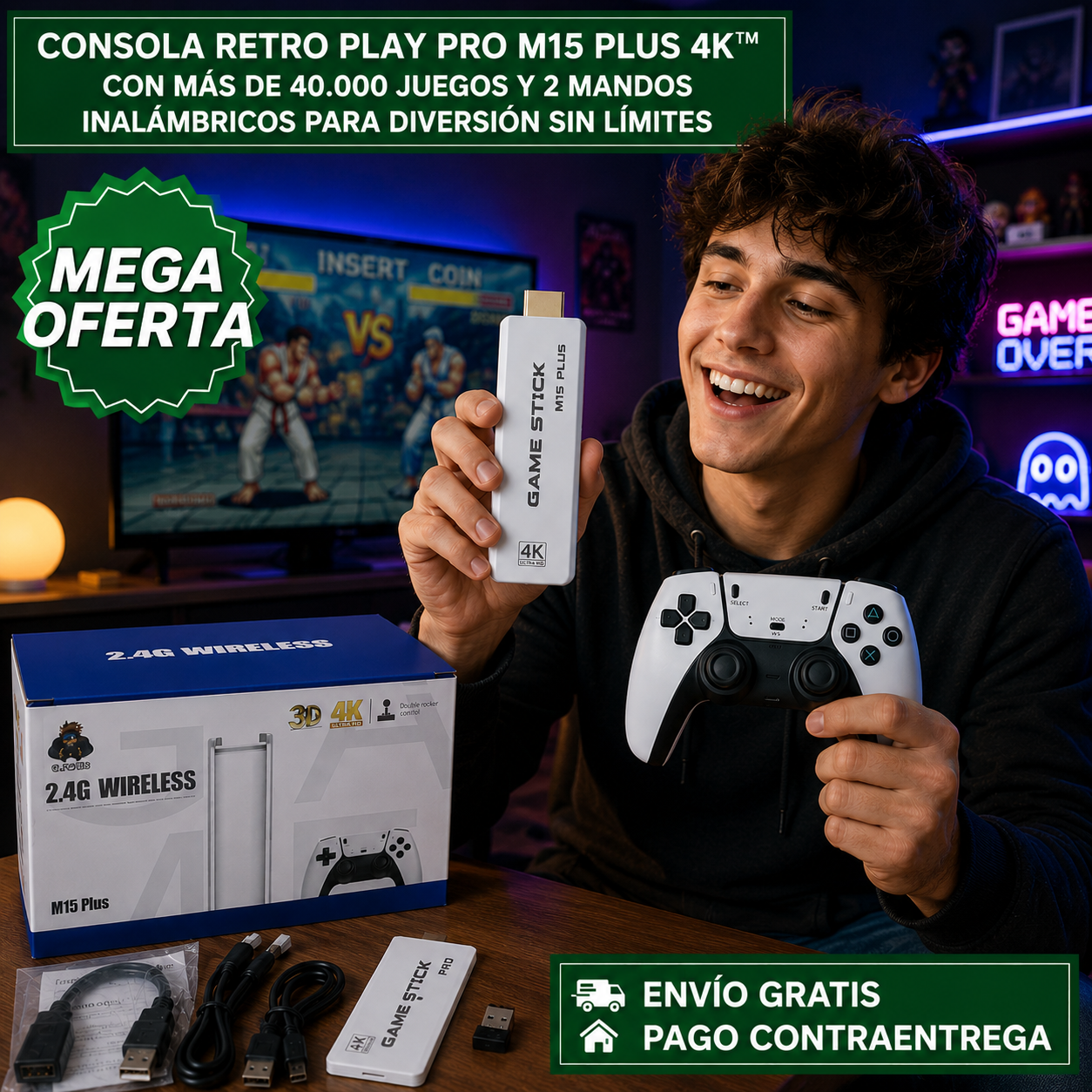CONSOLA RETRO PLAY PRO M15 PLUS 4K™: Consola con Más de 40.000 Juegos y 2 Mandos Inalámbricos para Diversión Sin Límites