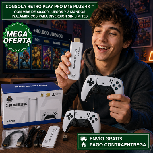 CONSOLA RETRO PLAY PRO M15 PLUS 4K™: Consola con Más de 40.000 Juegos y 2 Mandos Inalámbricos para Diversión Sin Límites