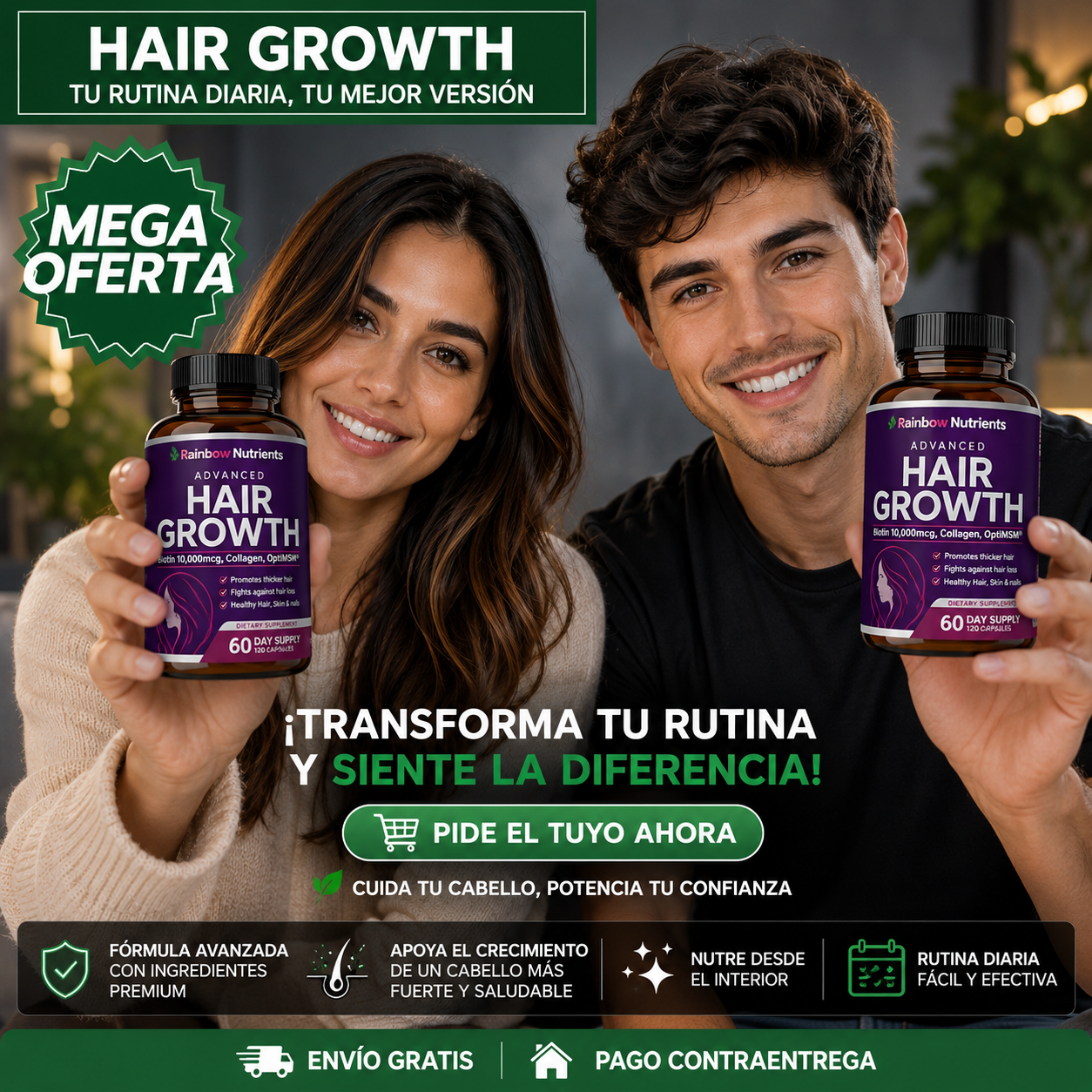 HAIR GROWTH ADVANCED™: Suplemento con 120 Cápsulas para Apoyar un Cabello Más Fuerte, Saludable y con Mejor Apariencia