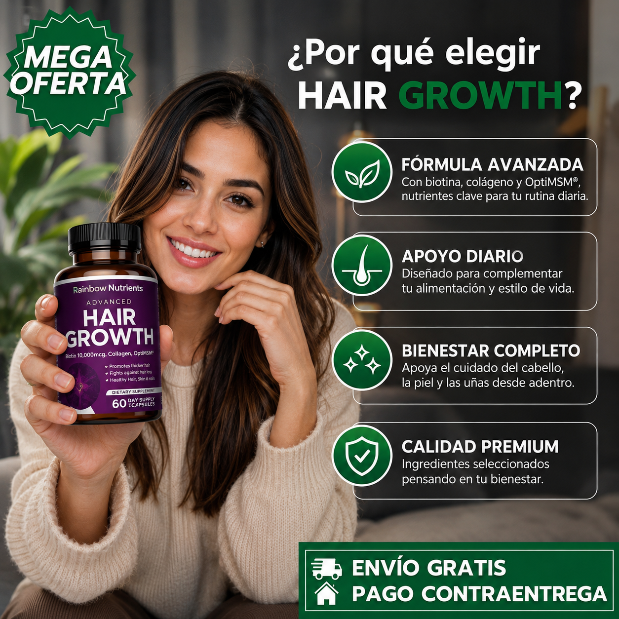 HAIR GROWTH ADVANCED™: Suplemento con 120 Cápsulas para Apoyar un Cabello Más Fuerte, Saludable y con Mejor Apariencia