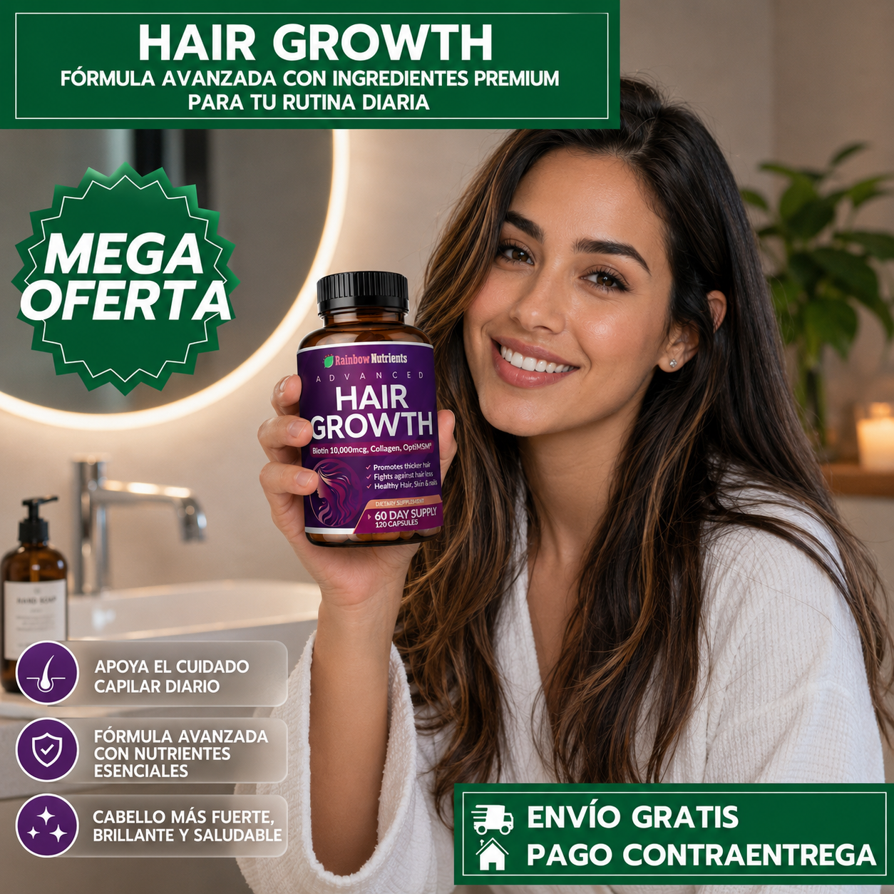 HAIR GROWTH ADVANCED™: Suplemento con 120 Cápsulas para Apoyar un Cabello Más Fuerte, Saludable y con Mejor Apariencia