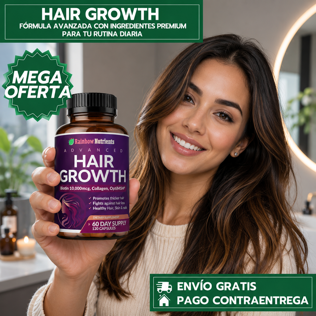 HAIR GROWTH ADVANCED™: Suplemento con 120 Cápsulas para Apoyar un Cabello Más Fuerte, Saludable y con Mejor Apariencia