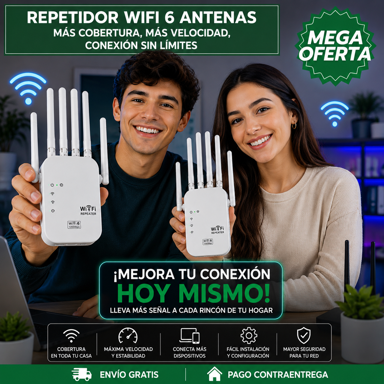 REPETIDOR WIFI DE ALTA POTENCIA 6 ANTENAS™: Elimina zonas muertas de tu WiFi