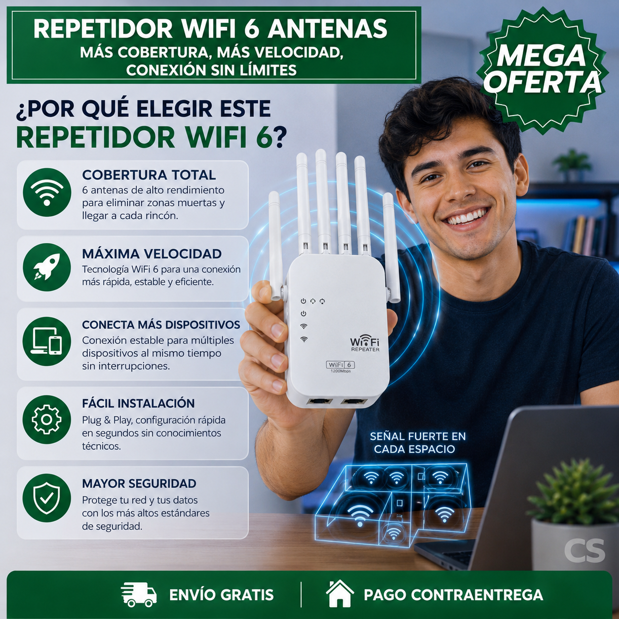 REPETIDOR WIFI DE ALTA POTENCIA 6 ANTENAS™: Elimina zonas muertas de tu WiFi