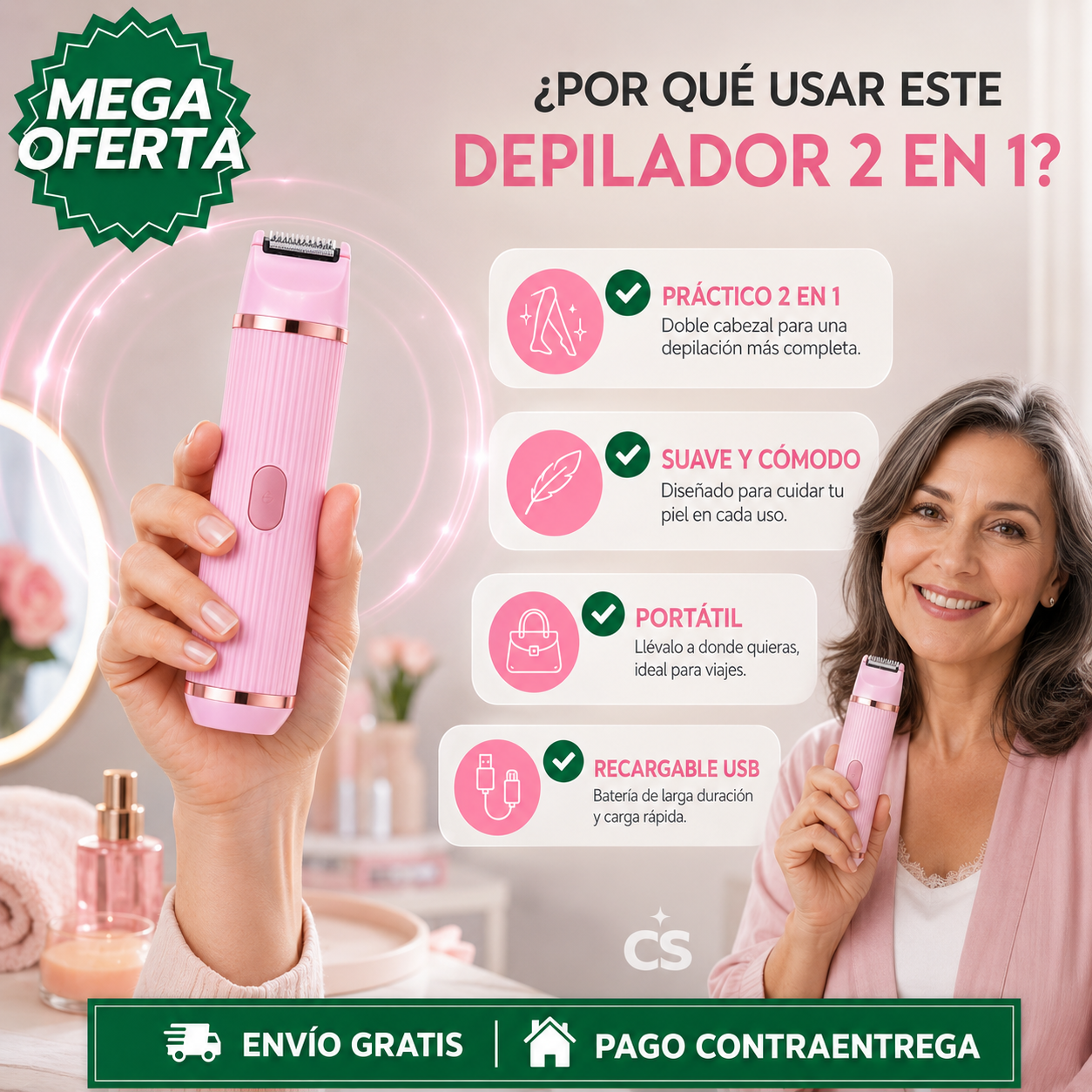 DEPILADORA 2 EN 1 PORTÁTIL DOBLE CABEZAL™: Tecnología de Precisión para una Piel Suave en Minutos