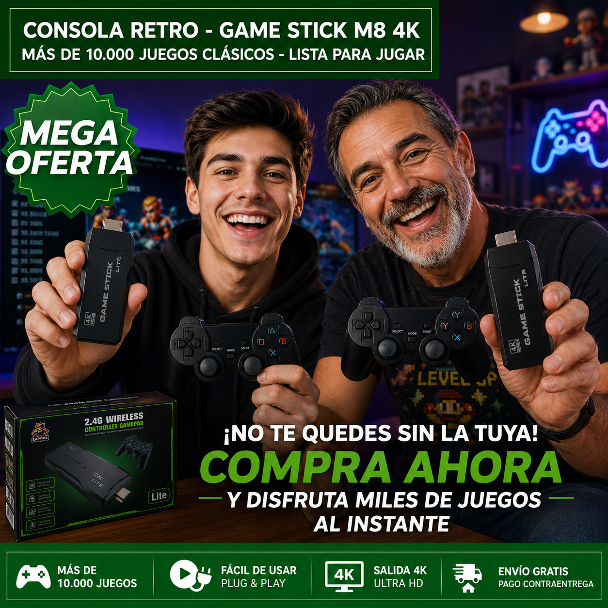 CONSOLA RETRO - GAME STICK M8 4K™: Consola con Más de 10.000 Juegos Clásicos para Diversión Sin Límites