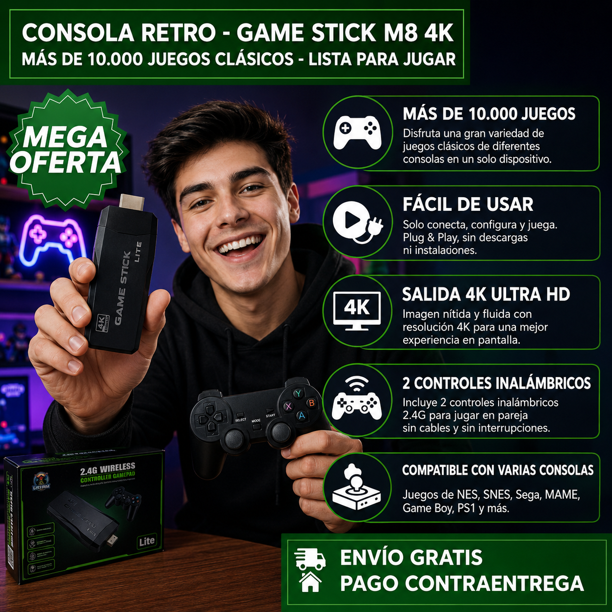 CONSOLA RETRO - GAME STICK M8 4K™: Consola con Más de 10.000 Juegos Clásicos para Diversión Sin Límites