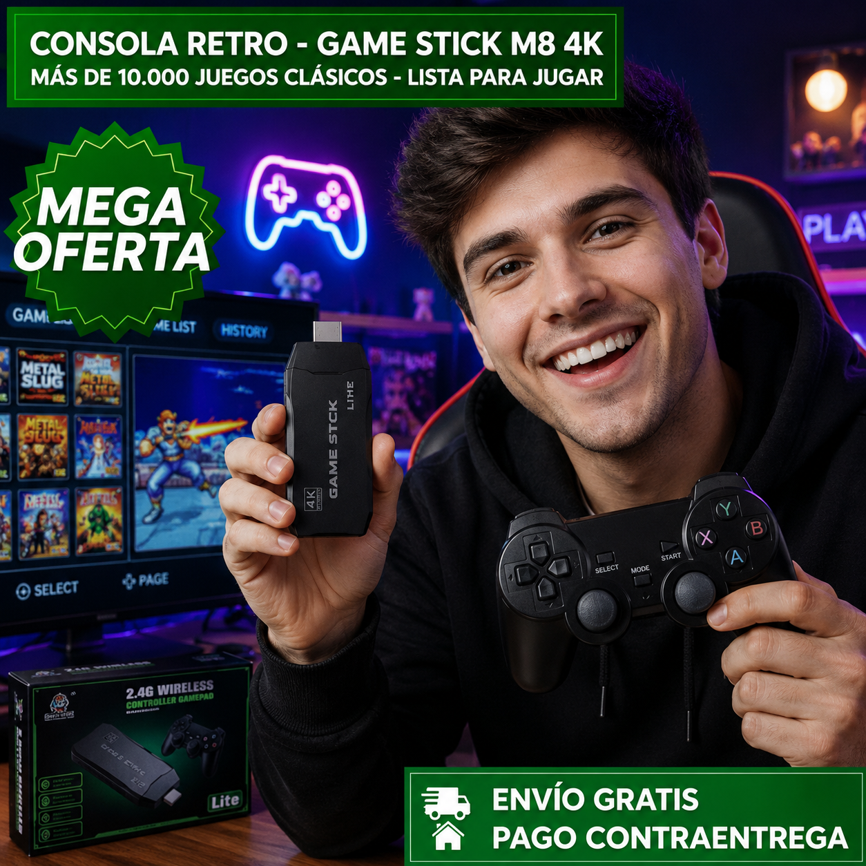 CONSOLA RETRO - GAME STICK M8 4K™: Consola con Más de 10.000 Juegos Clásicos para Diversión Sin Límites
