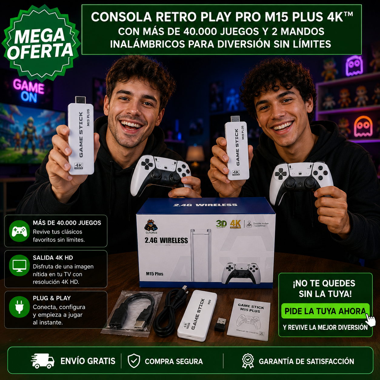 CONSOLA RETRO PLAY PRO M15 PLUS 4K™: Consola con Más de 40.000 Juegos y 2 Mandos Inalámbricos para Diversión Sin Límites
